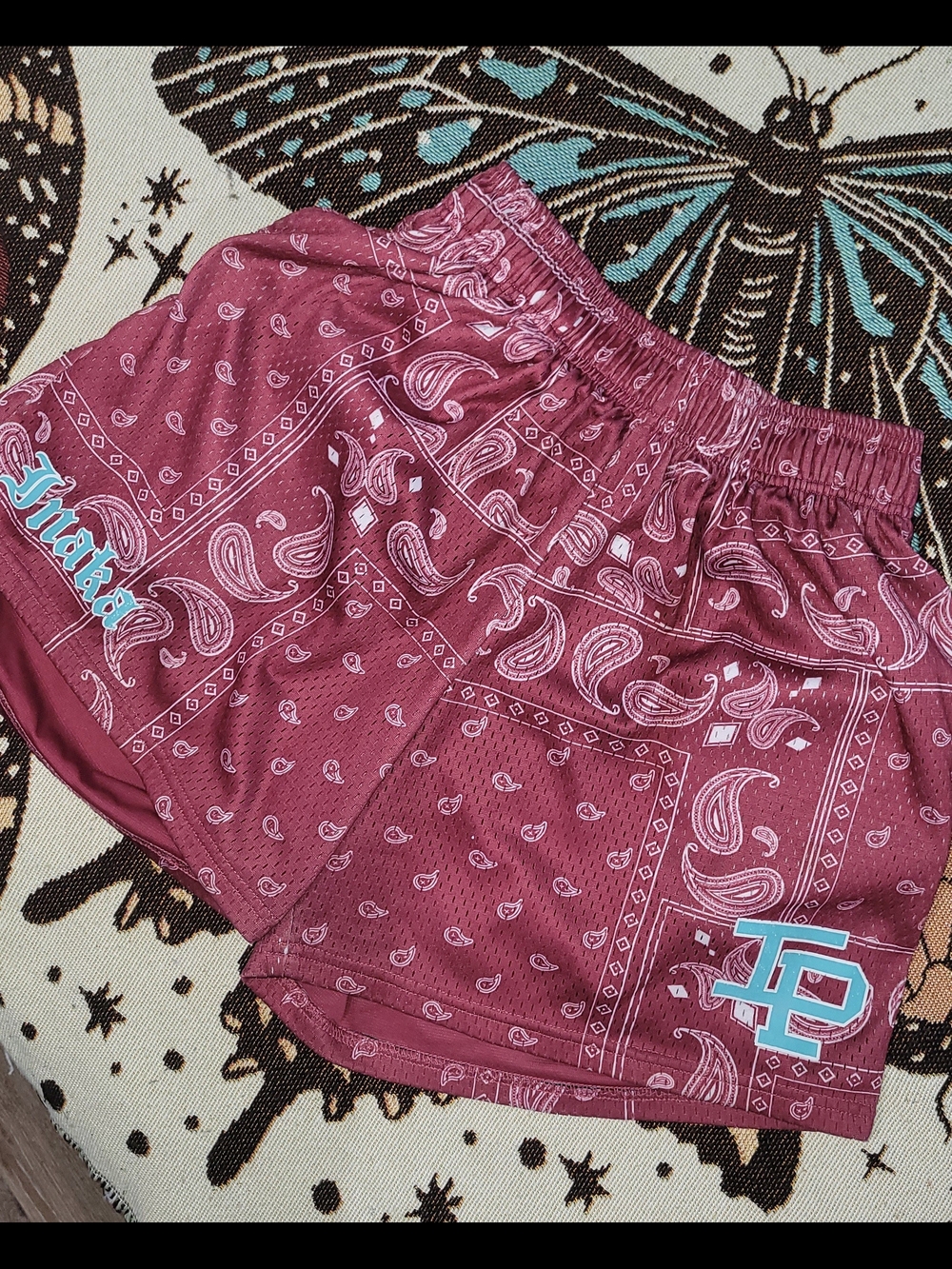 Inaka Power Maroon Paisley Athletic Shorts with Teal Logo